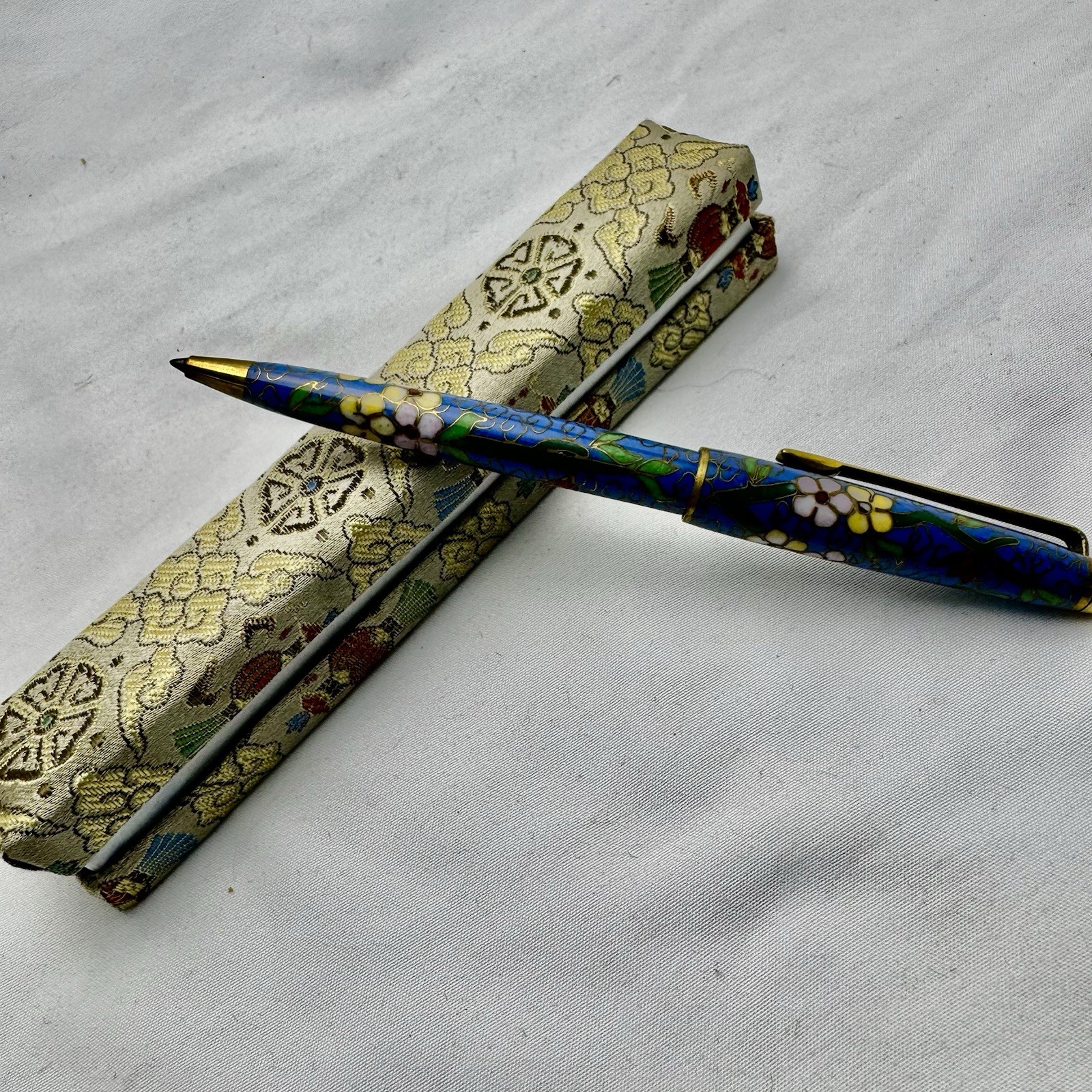 Vintage Cloisonné Enamel Japanese ballpoint Original Box Floral Pattern Blue Ink