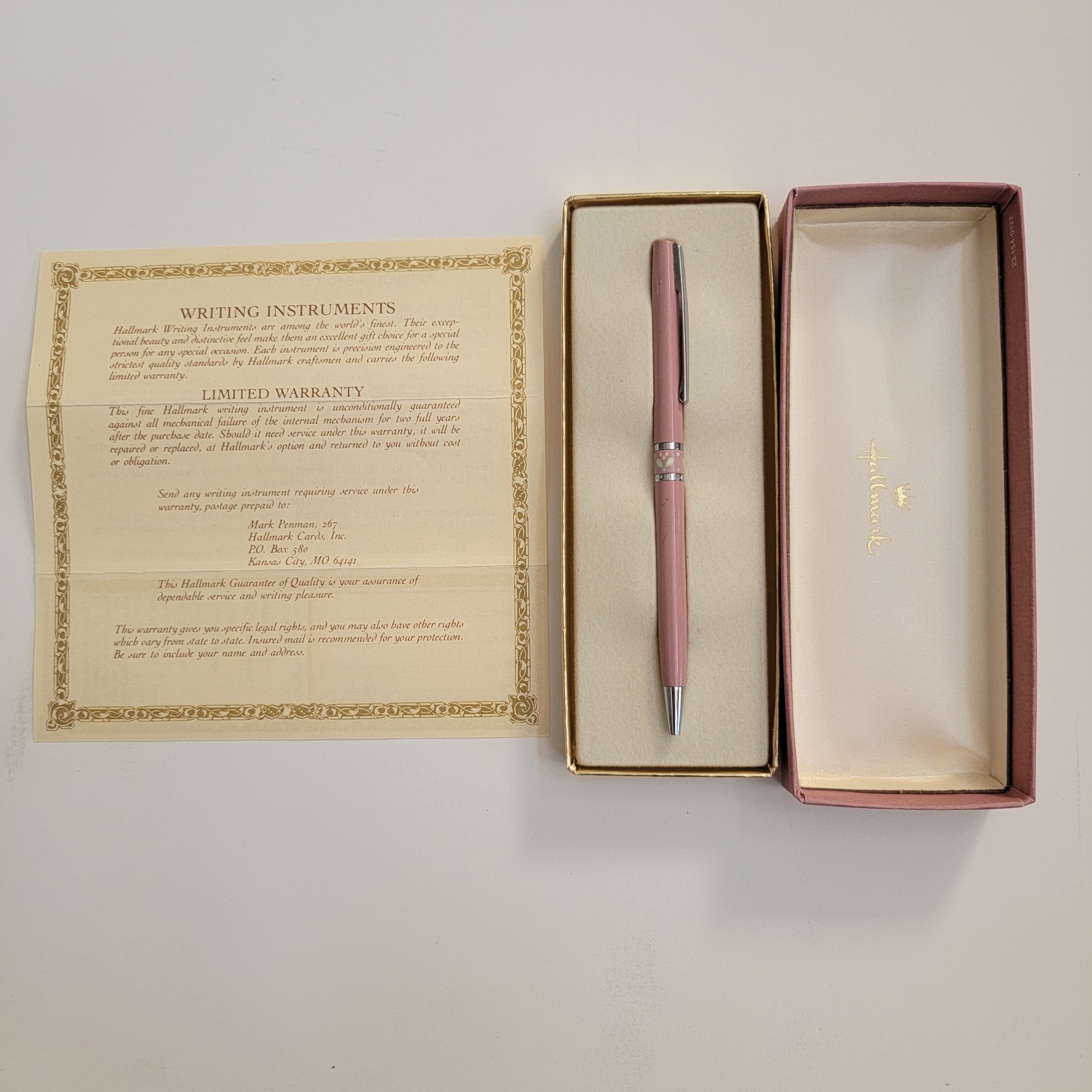 Vintage Hallmark Enamel Mauve Floral Ball Point Pen 1700WP2511 Box Made In USA