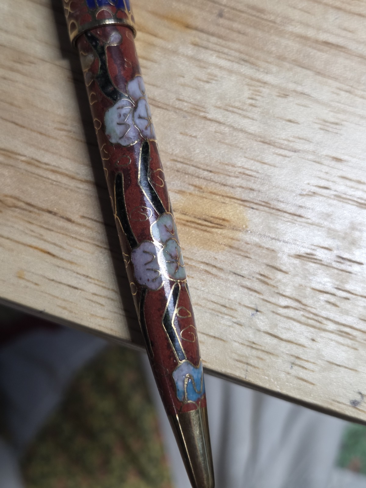 Vintage Late 20th Century Chinese Cloisonne’ Ballpoint Pen Original Brocade Box