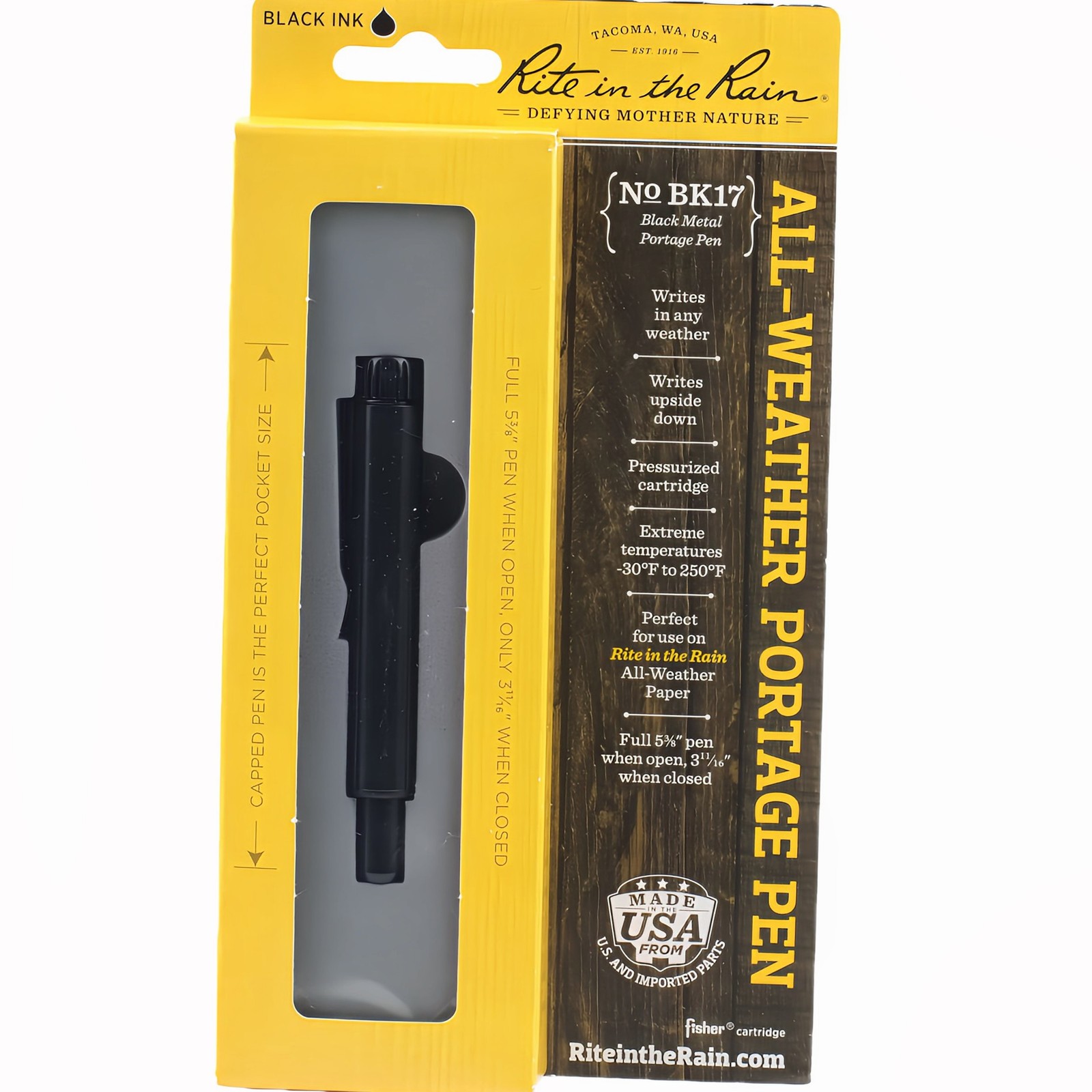 Rite in the Rain Metal Portage Pen Pocket Clip Brass Barrel Rust Proof Cap 0.9mm