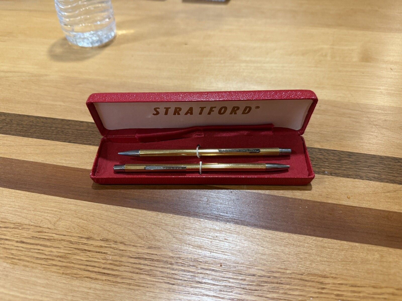Stratford Vintage 1970’s Pentagon Shaped Pen & Pencil Set in Red Box