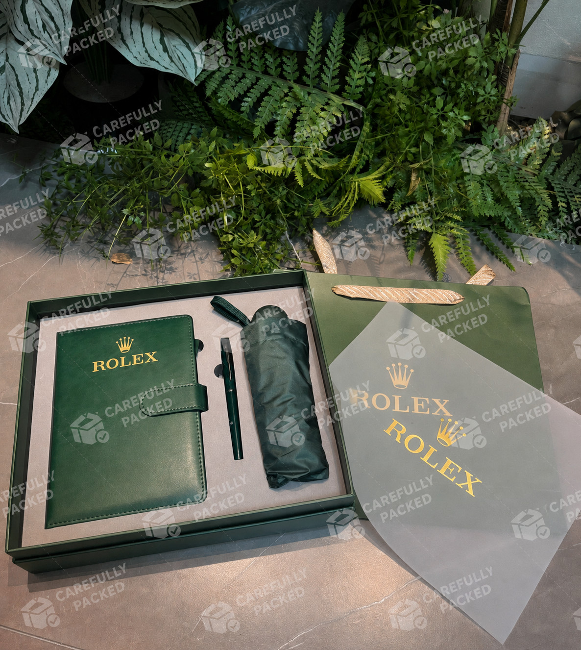 NEW ROLEX Green Gift Set Notebook Ballpoint Pen Folding Umbrella Luxury Gift Box