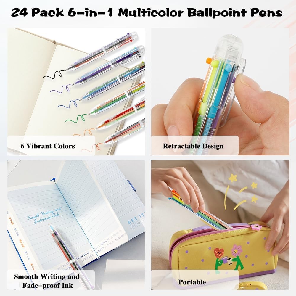 24 Pack Multicolor Pen 0.5mm 6-in-1 Ballpoint Retractable Colored Pens for Schoo