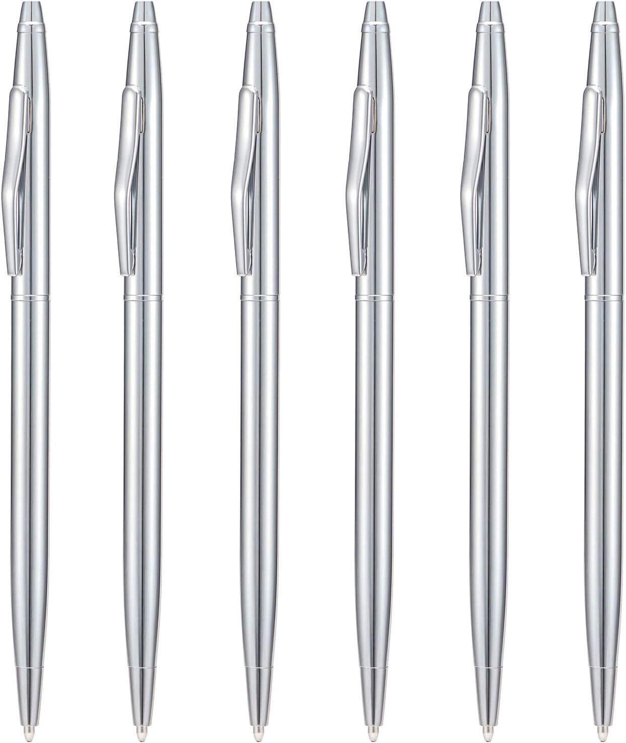 6 Pieces Silver Slim Metal Ballpoint Pen, 1Mm Medium Point Black Ink Smooth Wri
