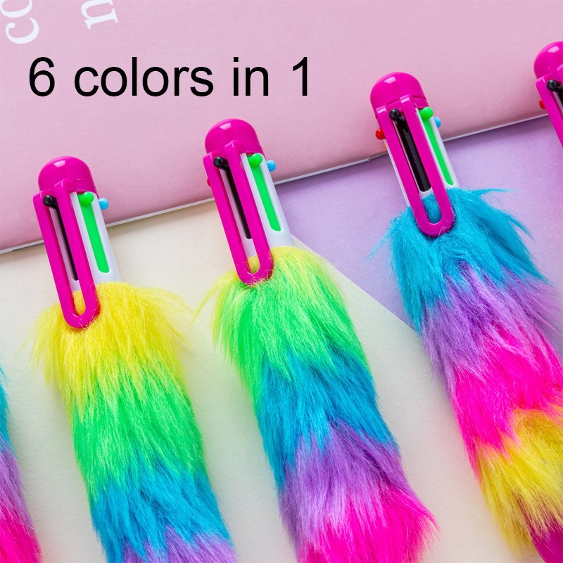 Rainbow Plush Ballpoint Pens (4 pieces) – Colorful six-color retractable pens