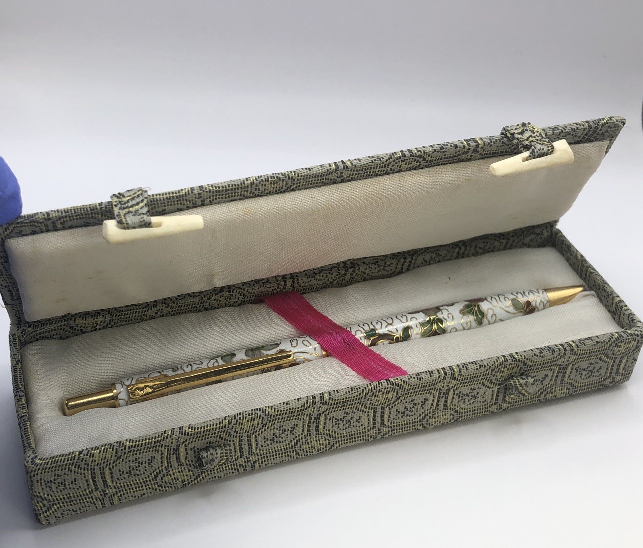 Vintage Chinese Cloisonne Enameled Ball Point Pen in Brocade Box