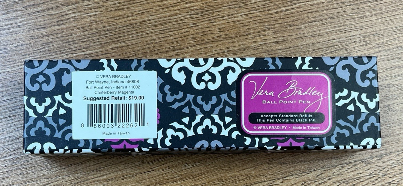 Vera Bradley Ball Point Pen in Canterberry Magenta , Black Ink NEW in Box