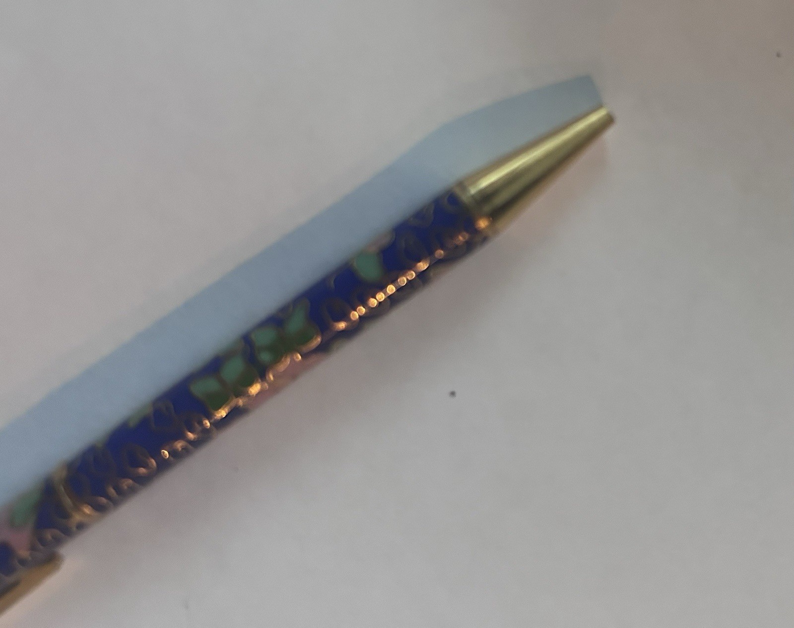 Vintage Chinese Cloisonné Ballpoint Pen Blue Floral Enamel Gold Tone Collectible