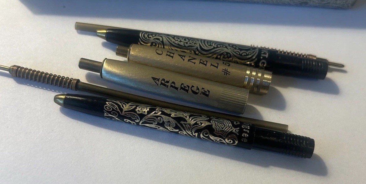 Vintage Arpege & Channel No. 5 Perfumed Writing Pens 14k Gold Filigree Set
