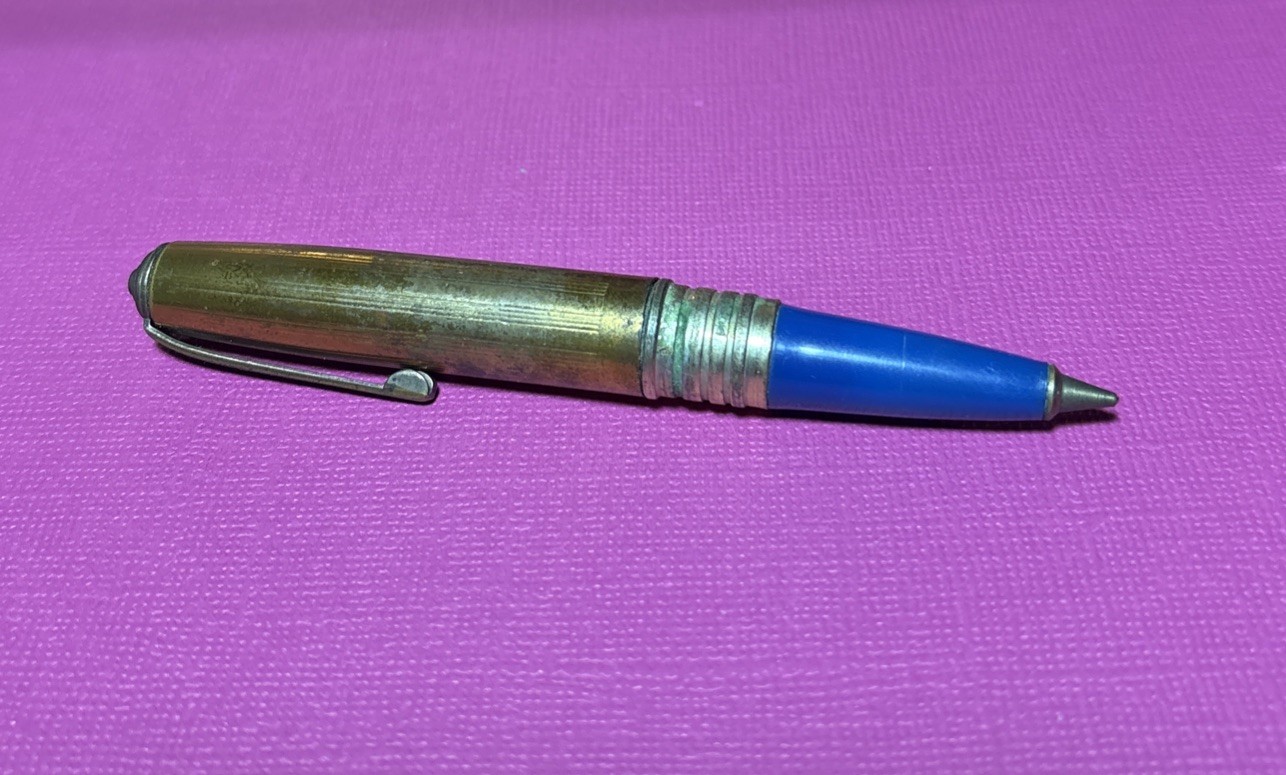 Vintage Pennant, USA, Bullet Ballpoint Pen, Blue Ink, Brass Plated Clip, 3 In.