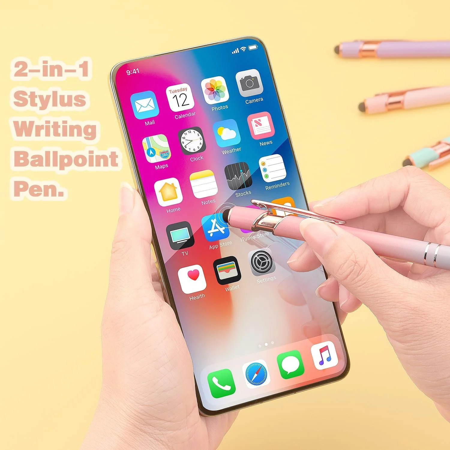 6 Gradient color, Ballpoint Pen 2-in-1 Pen with Stylus tip, 1.0 mm Black Ink