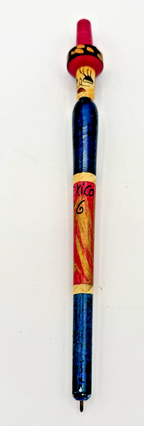Vintage Mexico Souvenir Pen 9 Inches No Ink 1986 Wooden Painted pen With face