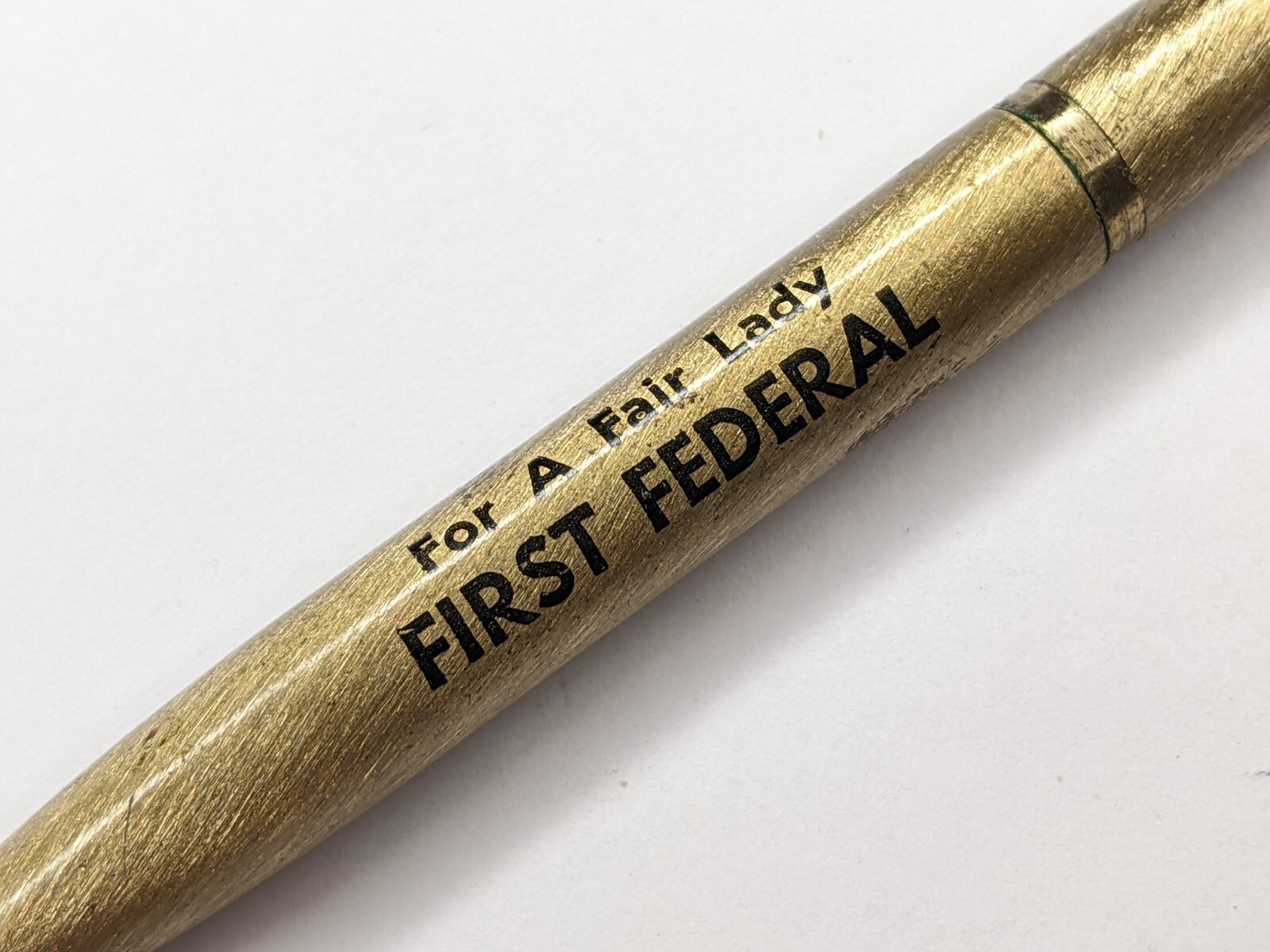 c1960 First Federal Bank «For a Fair Lady» Short Mini 4″ Brass Ballpoint Pen G42