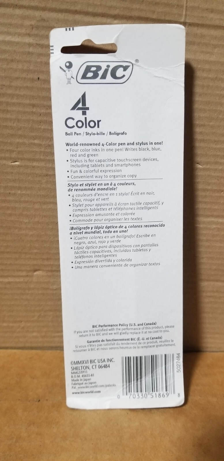 BIC 4 Color Stylus + Ball Pen Grip Medium Point Black Red Green Blue, New sealed