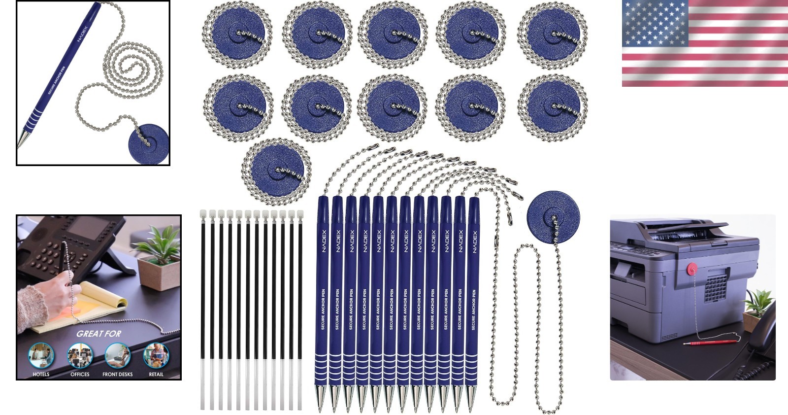 Blue Security Pen Set: 12 Refillable Pens with Safety Chains and Mounts Included
