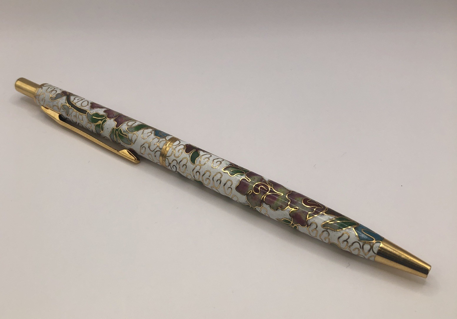 Vintage Chinese Cloisonne Enameled Ball Point Pen in Brocade Box