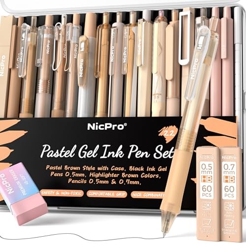 22 PCS Pastel Gel Ink Pen Set,12 Black Ink Pens with 2 Pack Highlighters Brown
