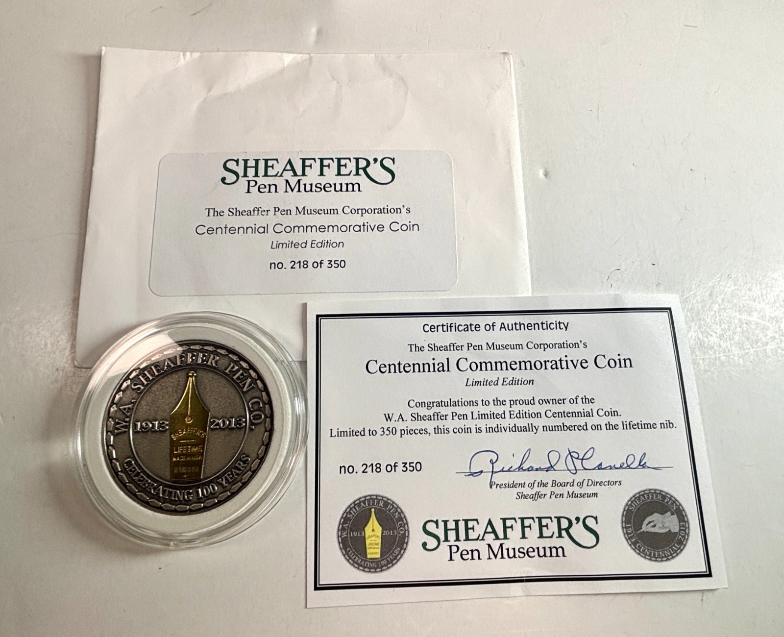 Sheaffer Pen Museum Centennial Commemorative Coin #218/350 Limited Edition COA