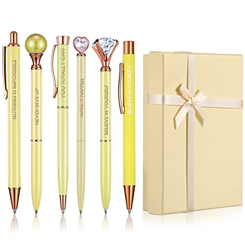 6 Pcs Inspirational Pen Set for Women Gift Diamond Pens with Crystal Yellow