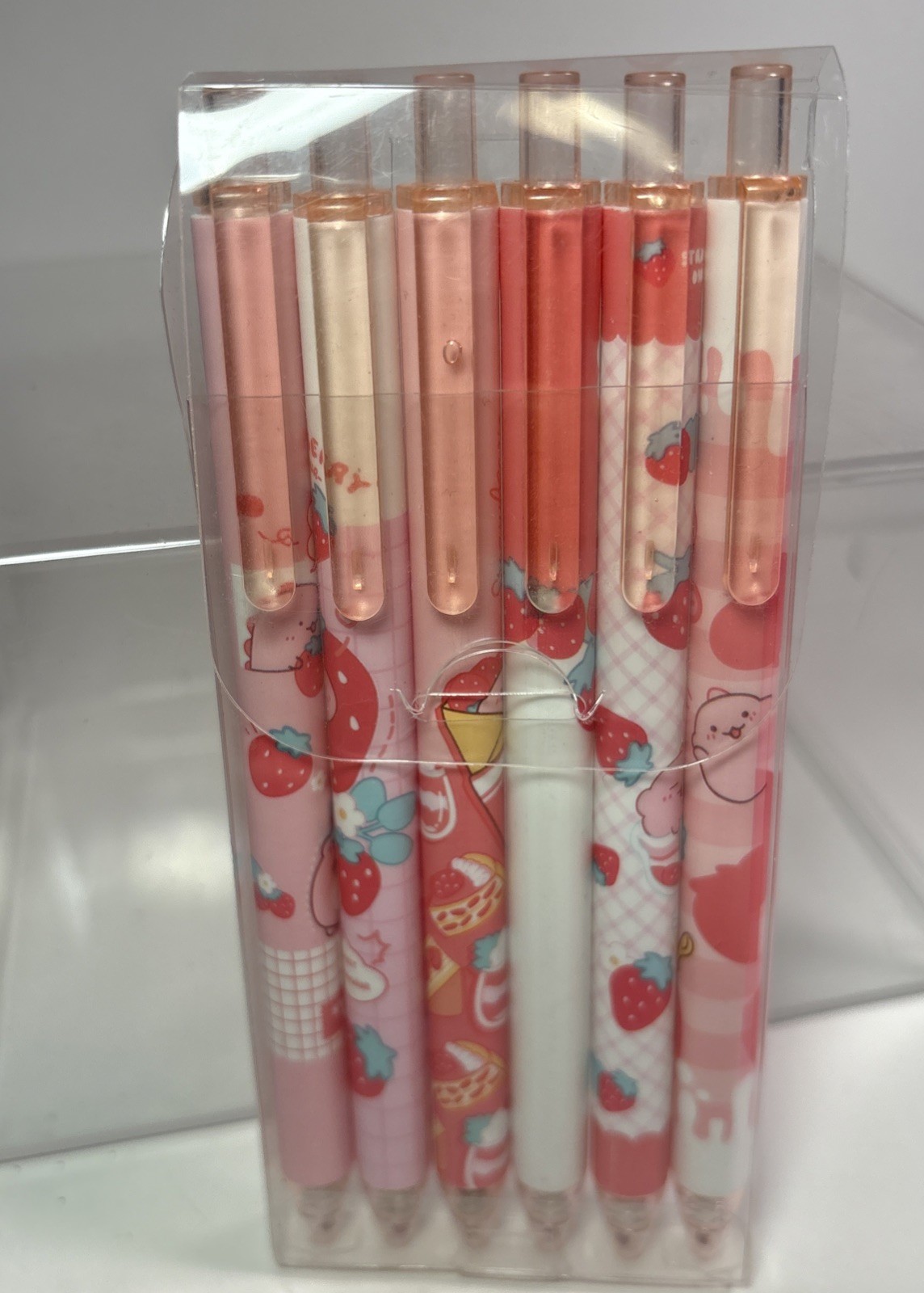 Strawberry Dinosaur – 6 Count Black Gel Pens – Pink & White