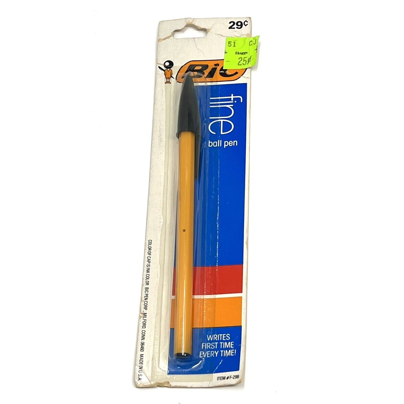 Bic Fine Point Ball Pen Black Ink Yellow Blk Cap SEALED (1) Single Pack NOS