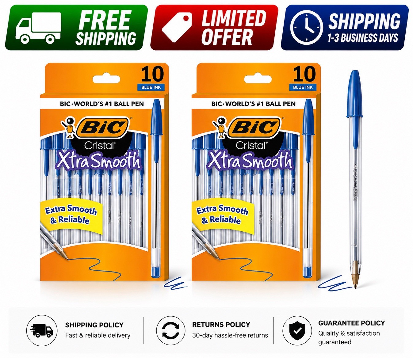 Bic Cristal Xtra Smooth Blue Ballpoint Pens 1.0M Medium Point 10 count Pack Of 2