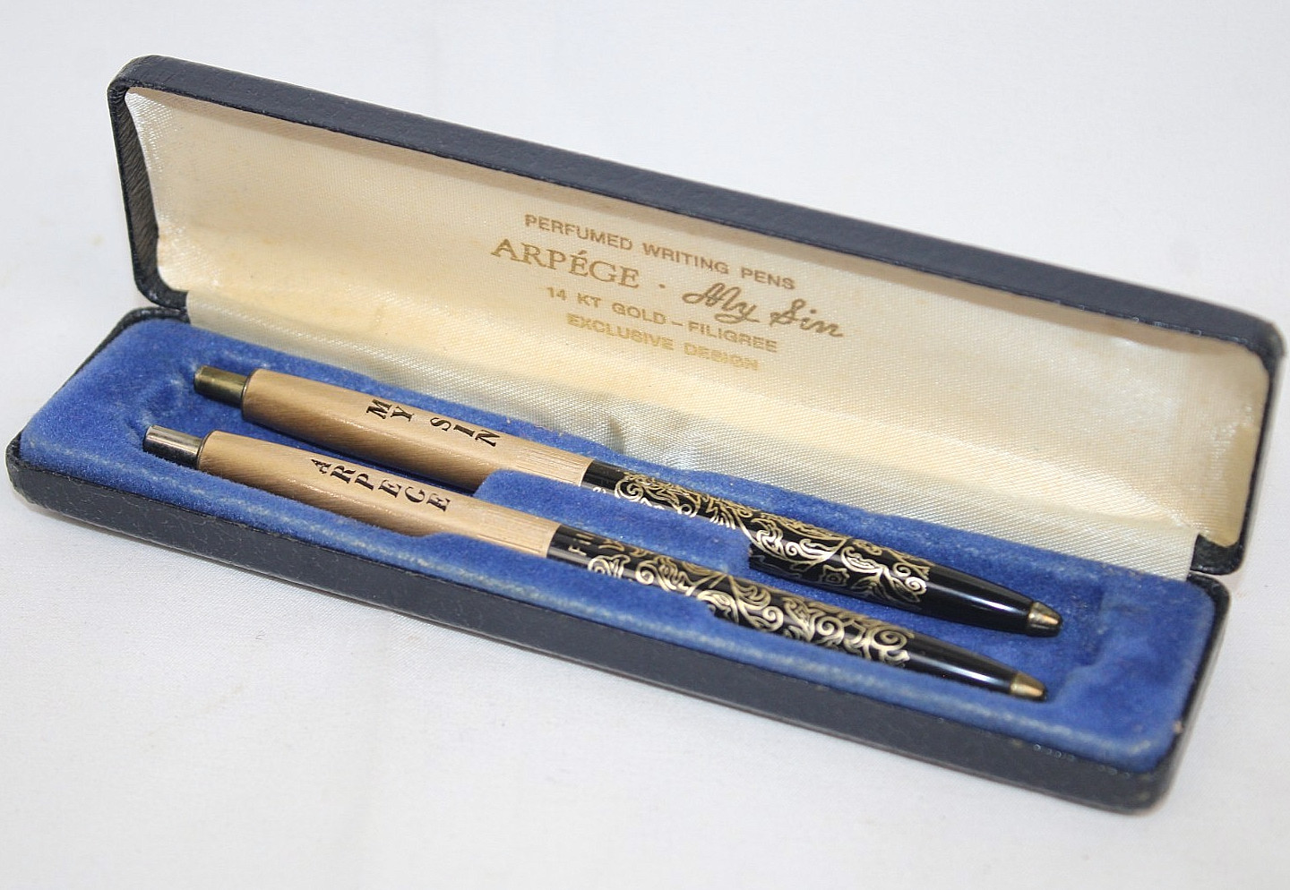 Vintage Arpege – My Sin – Perfumed Ink Pens 14 KT Gold Filigree Set With Case