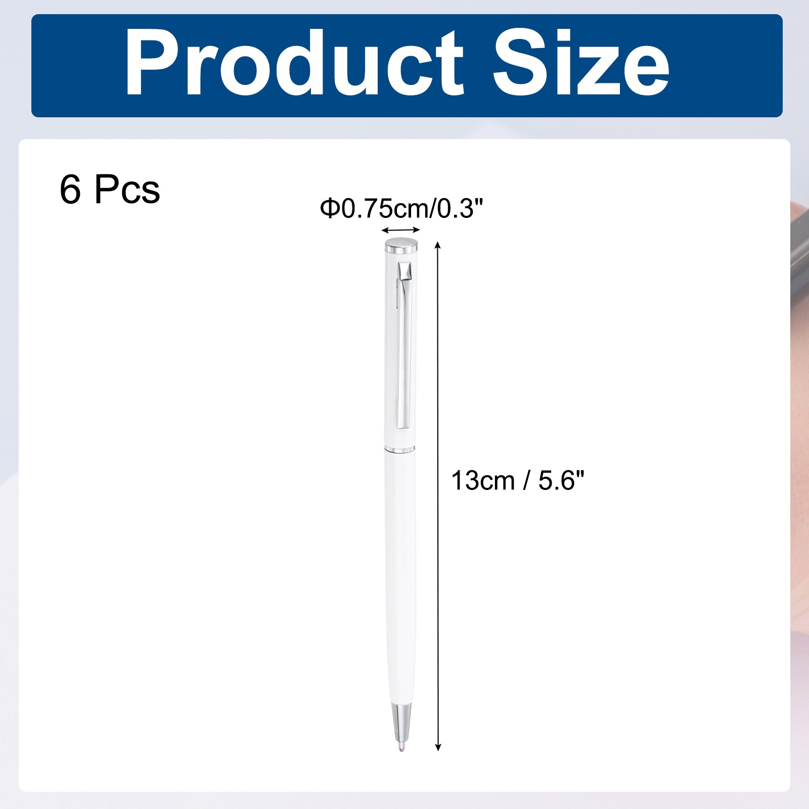 Slim Metallic Ballpoint Pen, 6Pcs Black Ink 1mm Medium Point Pen, White