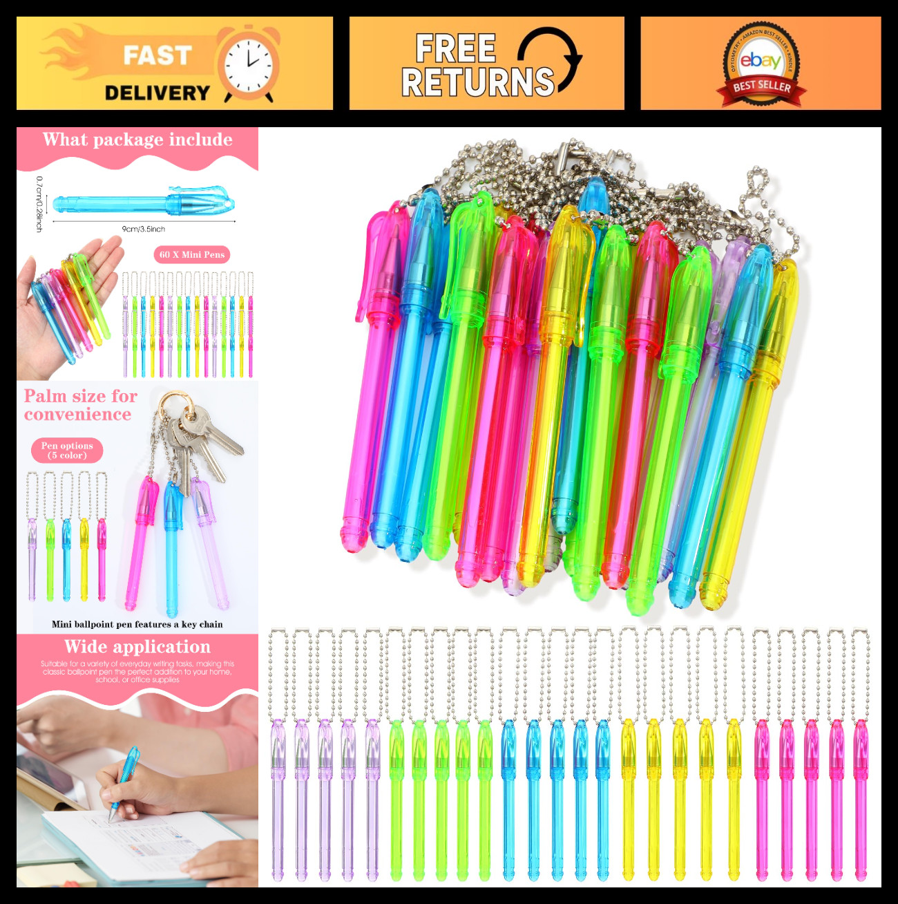 60 Pcs Mini Keychain Ballpoint Pens – Colorful Pocket Size with Keyring, 1.0mm I