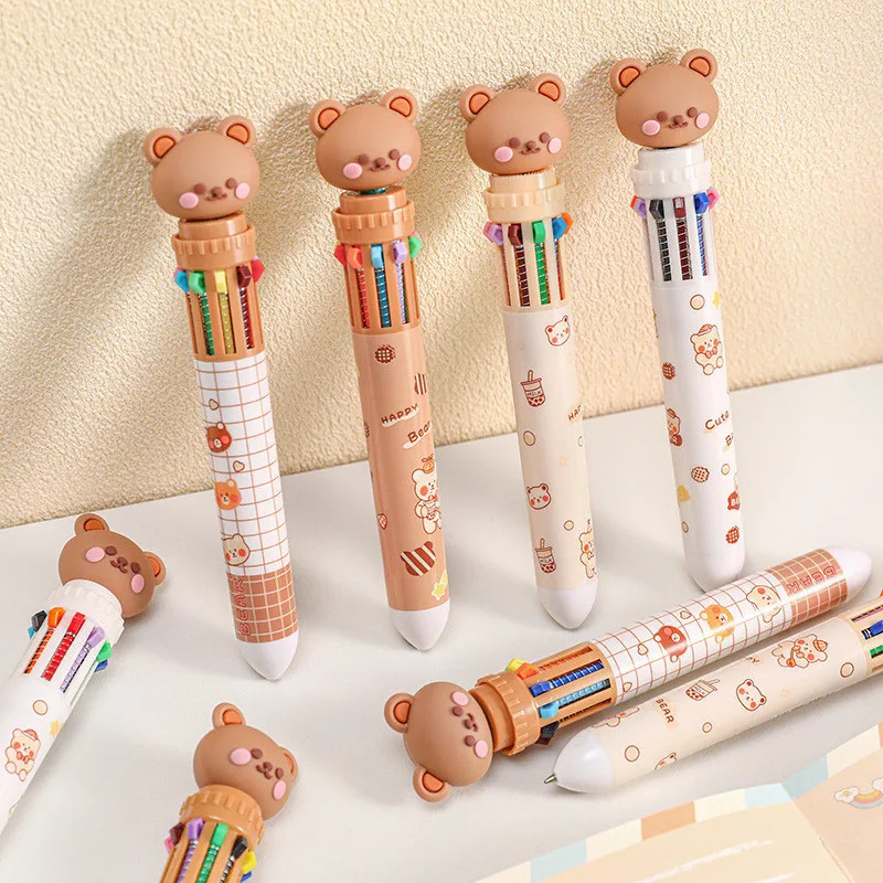 1/5/10Pcs 10 Color Kawaii Teddy Bear Cartoon Press Pen Multi-Color Color Pen Stu