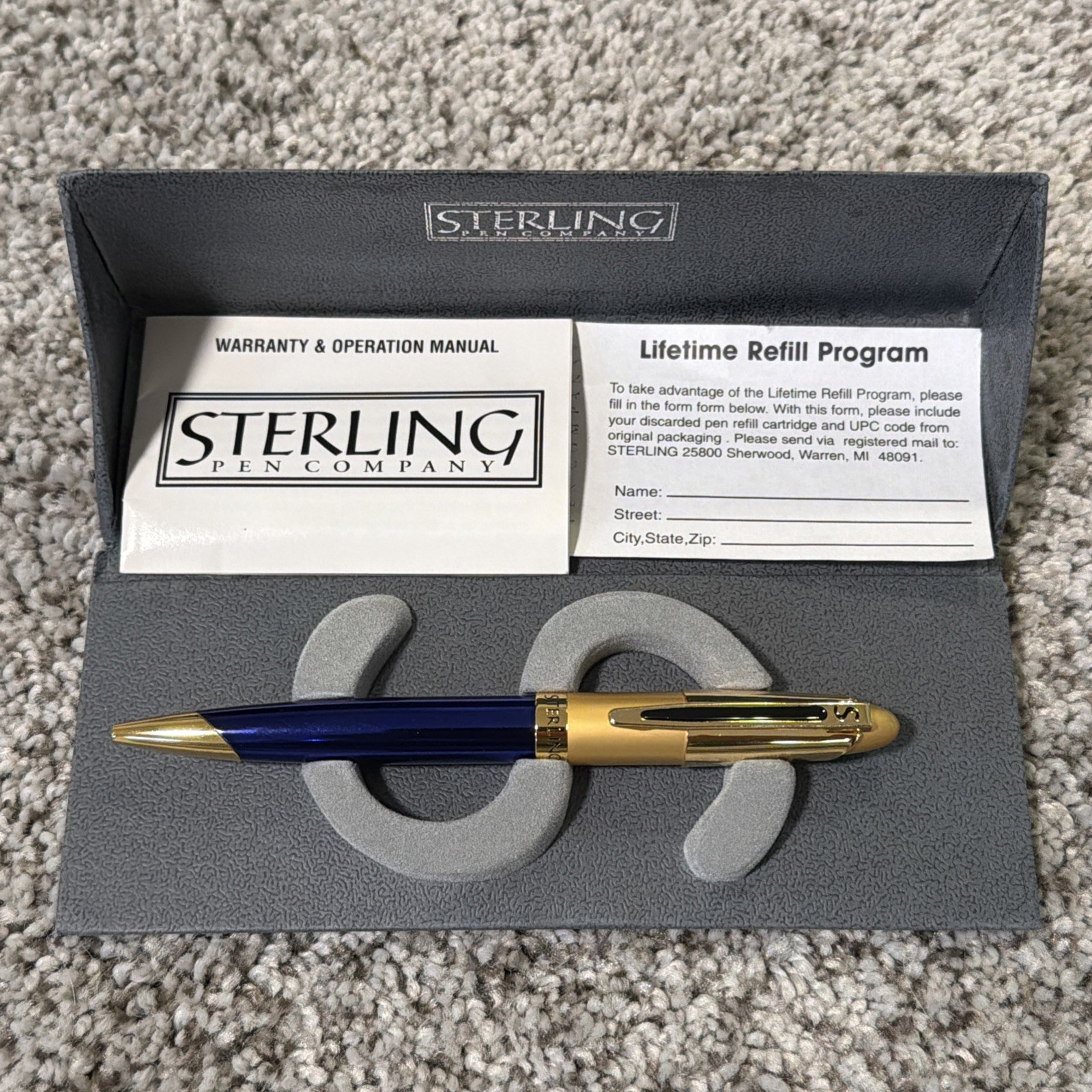 Sterling Brand Ballpoint Pen Blue Translucent Barrel Gold Cap