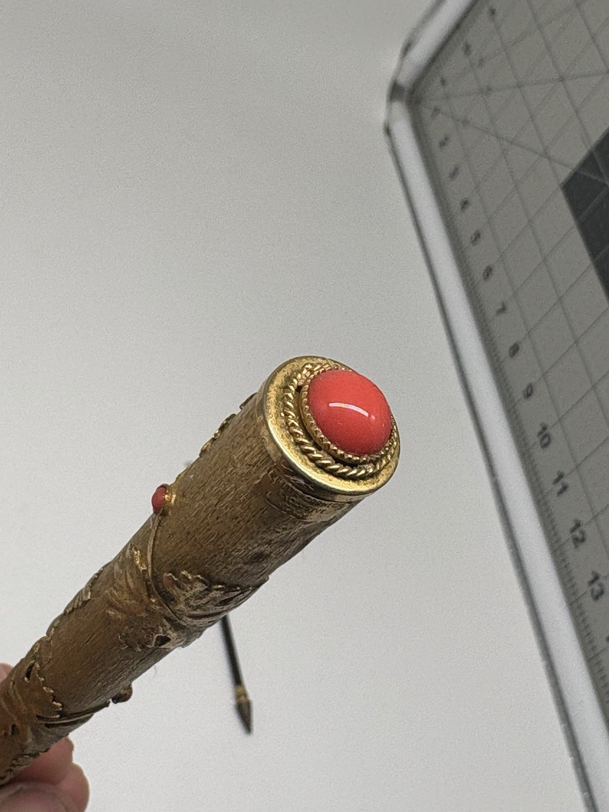 Vintage Carnegie Exclusive Italy Gilt Pen Red Cabochon Stones Ornate Vine Design