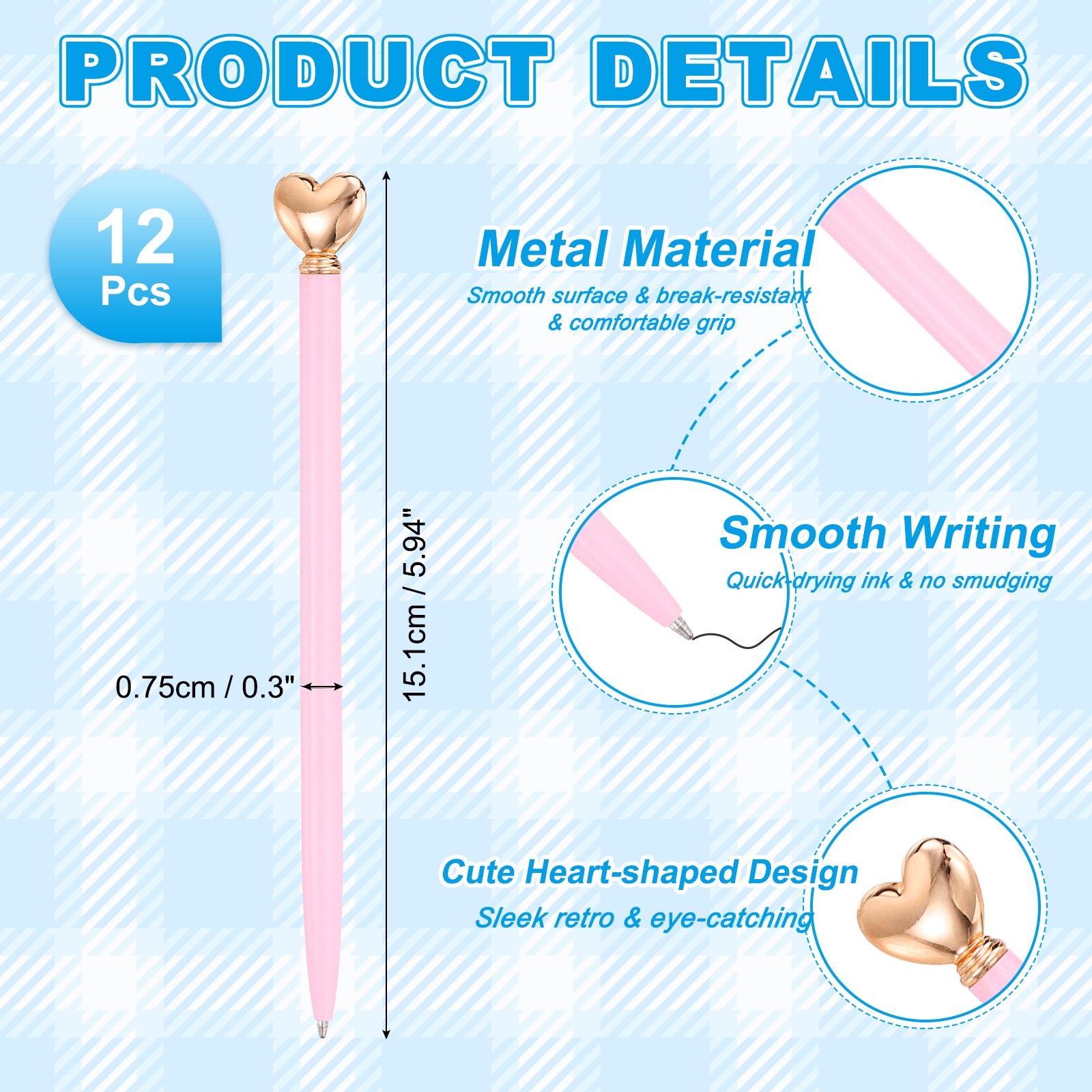 Heart Pens 1.0 mm Black Ink, 12 Pcs Metal Cute Pens Ballpoint, Pink/Rose Gold