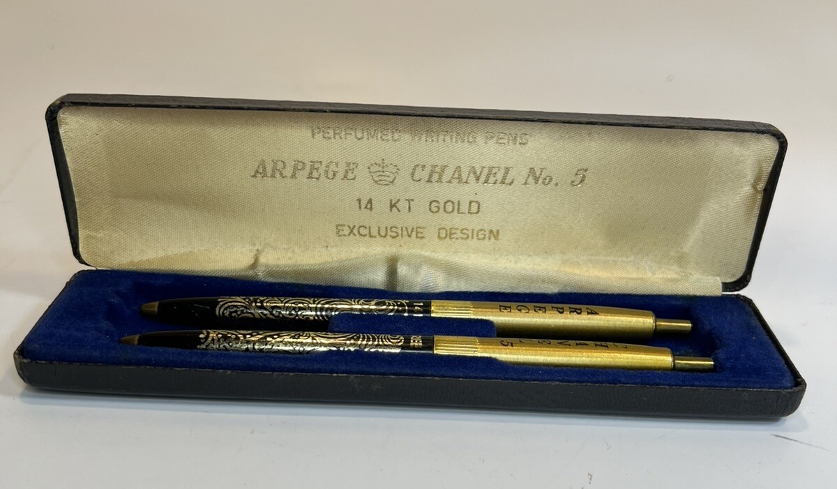 Vintage Set Of Ballpoint Pens Arpege Chanel No 5 14kt Gold Exclusive Dry Ink