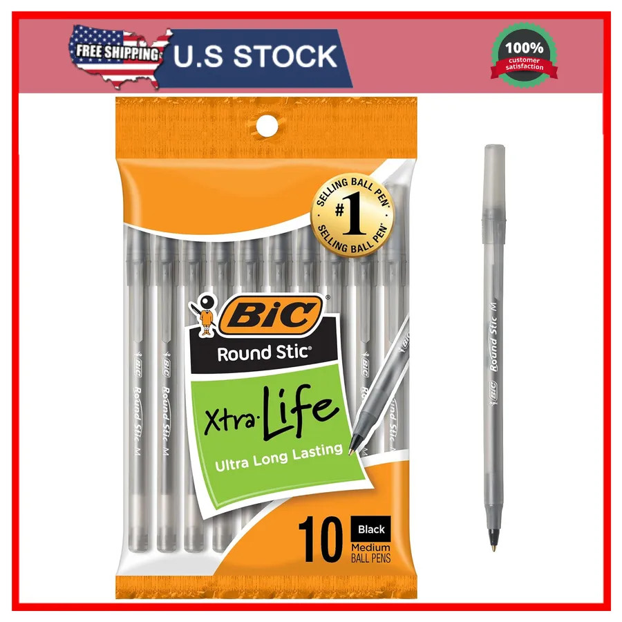 BIC Round Stic Ballpoint Pens Black Medium Point 1.0mm 10 Count Pack