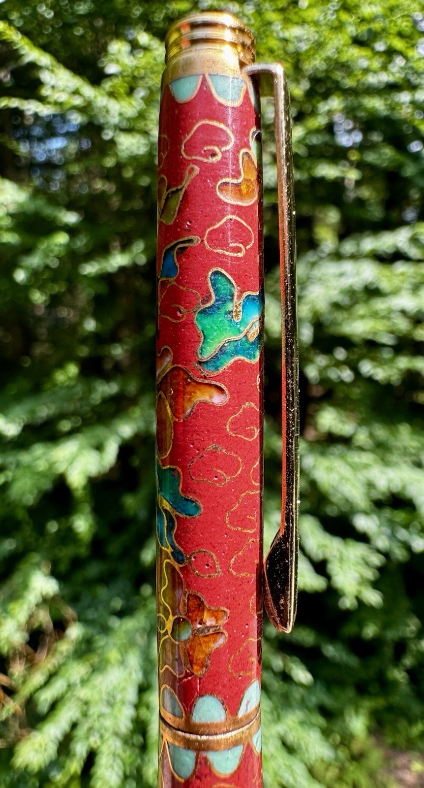 Chinese Cloisonne Pen Floral & Clouds Enameled Brass Ballpoint Pen with Silk Box