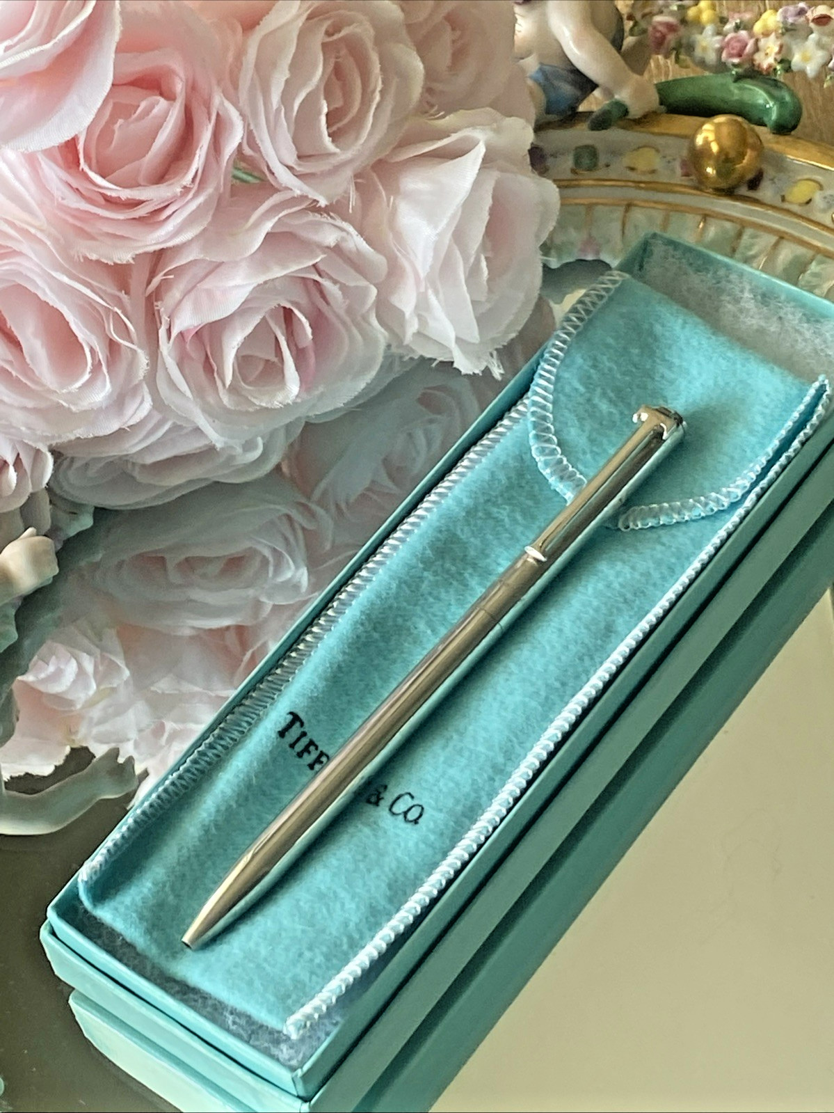 Vtg Tiffany & Co. Sterling Silver 925 T Clip Ballpoint Pen Black Ink Pouch & Box