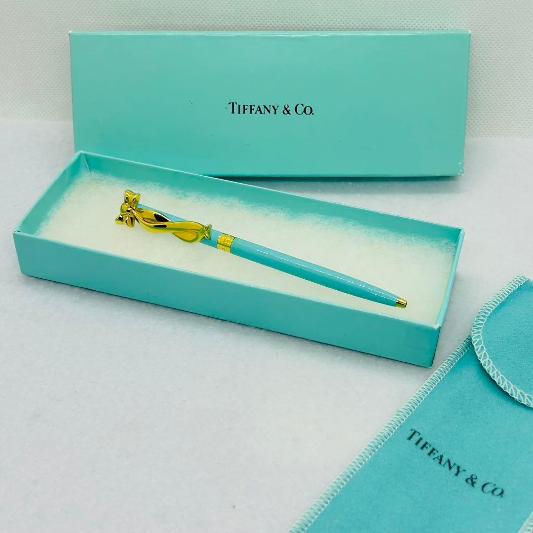 Tiffany & Co Bow Motif Ballpoint Pen Tiffany Blue Gold CIB Box Pouch No Ink AsIs