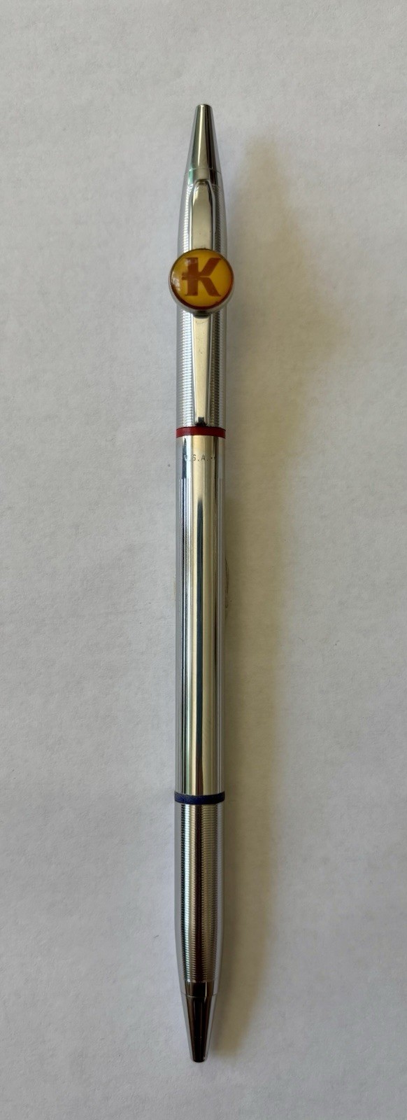 Metal Click Ballpoint Pen Chrome Trim Clip Gold K Logo Red Black Rings Black Ink