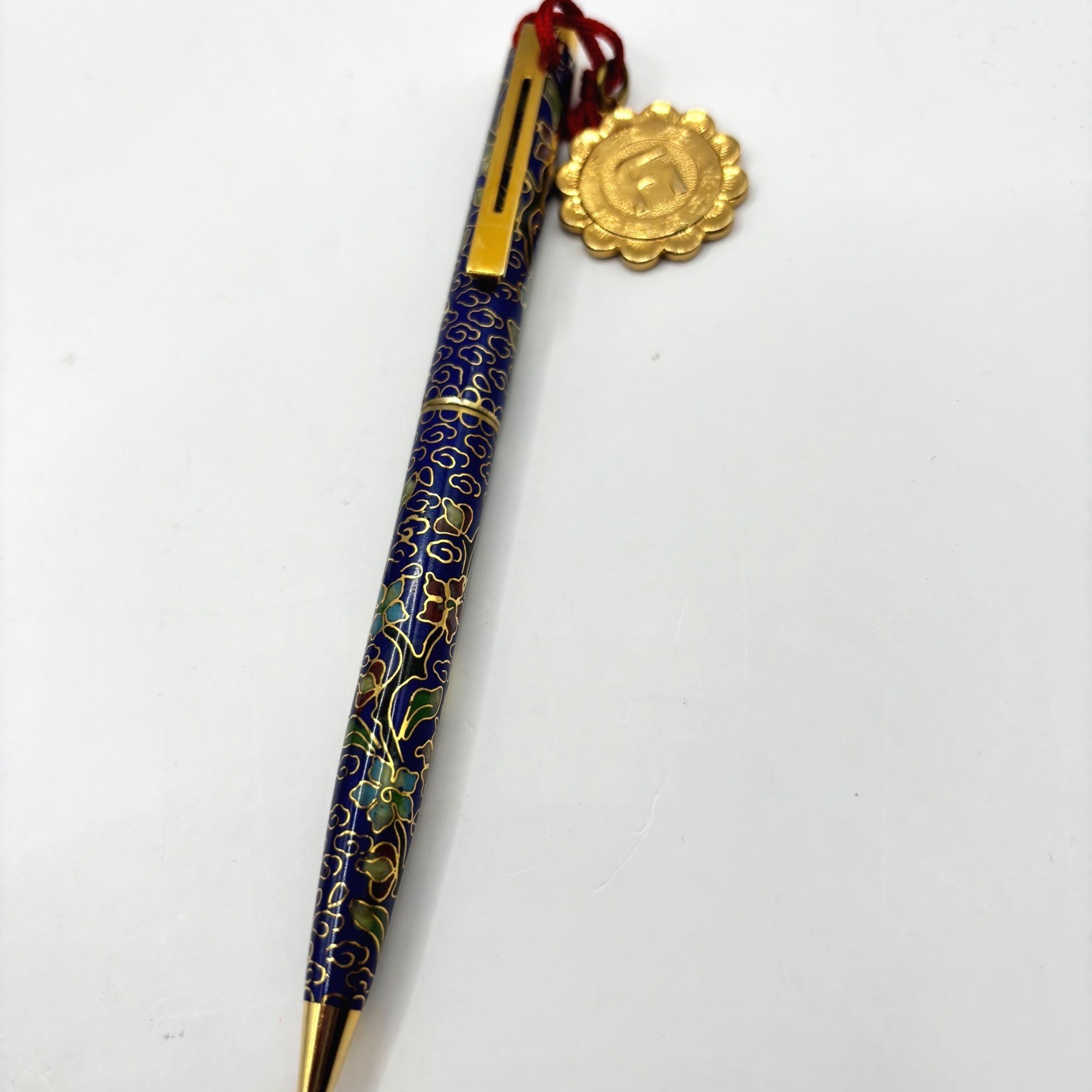 Vintage Chinese Cloisonne Floral Ballpoint Pen Blue Gold Enamel with Gift Box