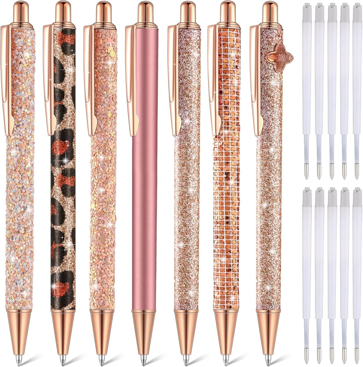 7 Pcs Fancy Pens for Women Cute Sparkly Glitter Pens with 10 Pcs Black Ink Refil