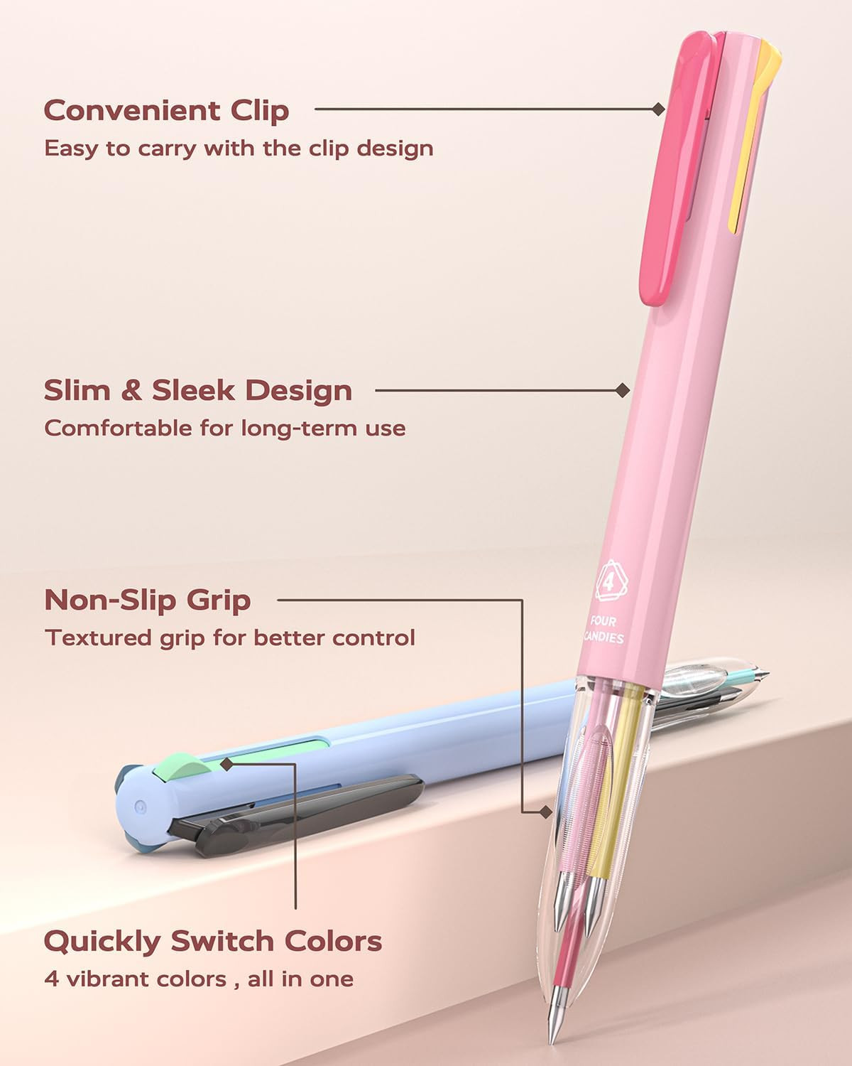 Four Candies Multicolor Pens, 4-in-1 Colored Ballpoint Pen, 0.5mm Quick Dry Blac