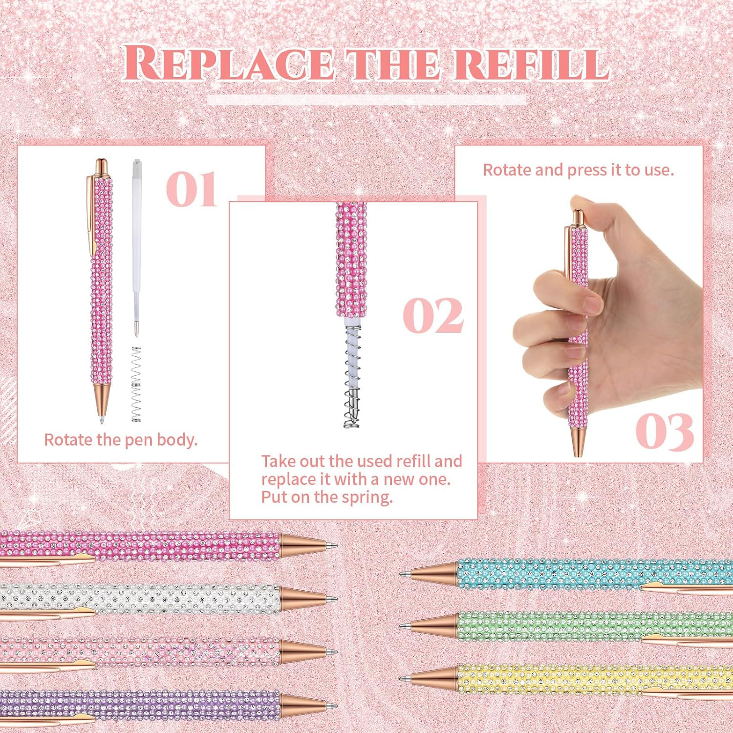 7 Pcs Fancy Pens for Women Cute Sparkly Glitter Pens with 10 Pcs Black Ink Refil