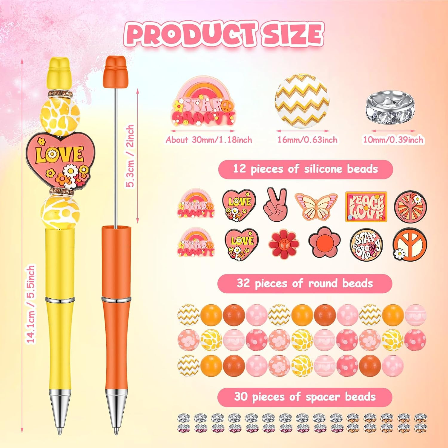12 Set Plastic Beadable Pens Assorted Bead Pens Crystal Wood round Spacer