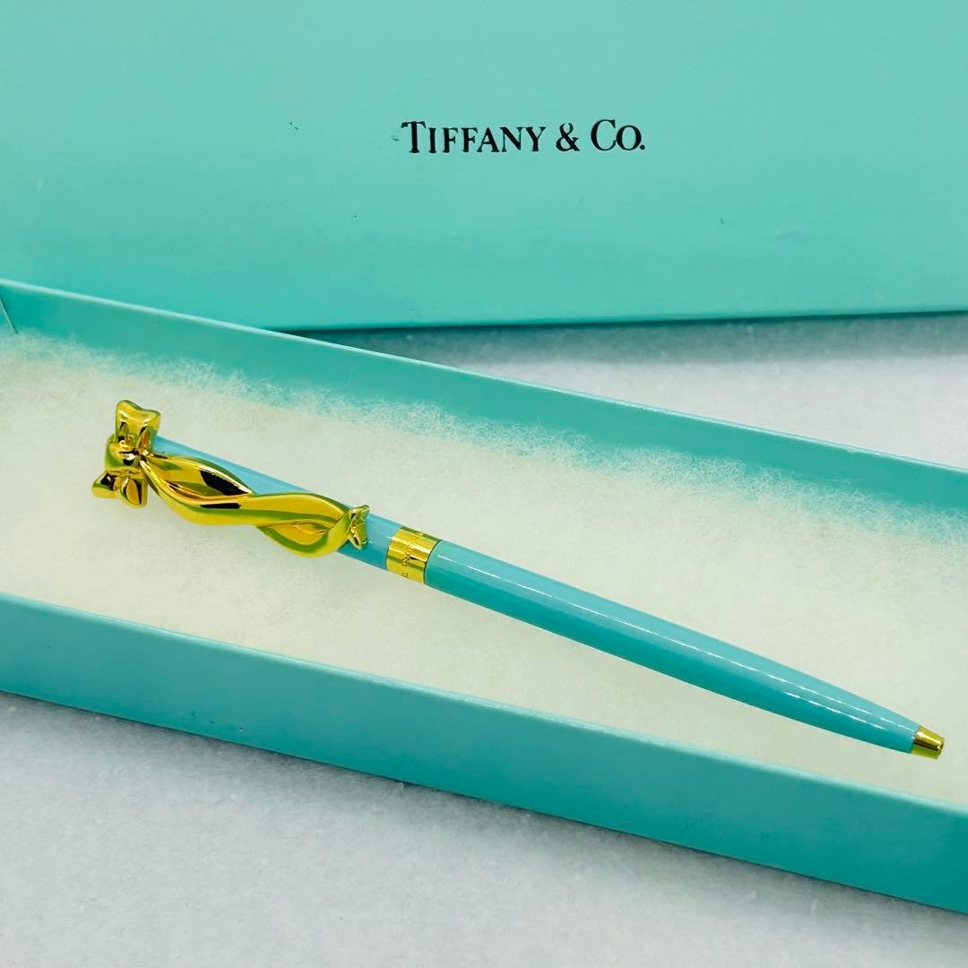 Tiffany & Co Bow Motif Ballpoint Pen Tiffany Blue Gold CIB Box Pouch No Ink AsIs