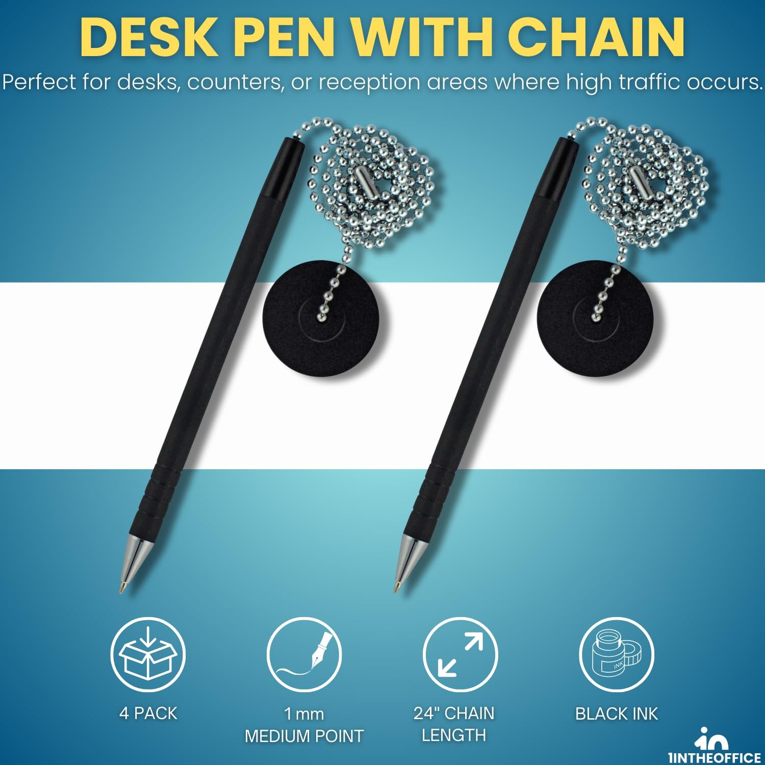 Pen with Chain, Counter Security Pen, Black, 4 Pack
