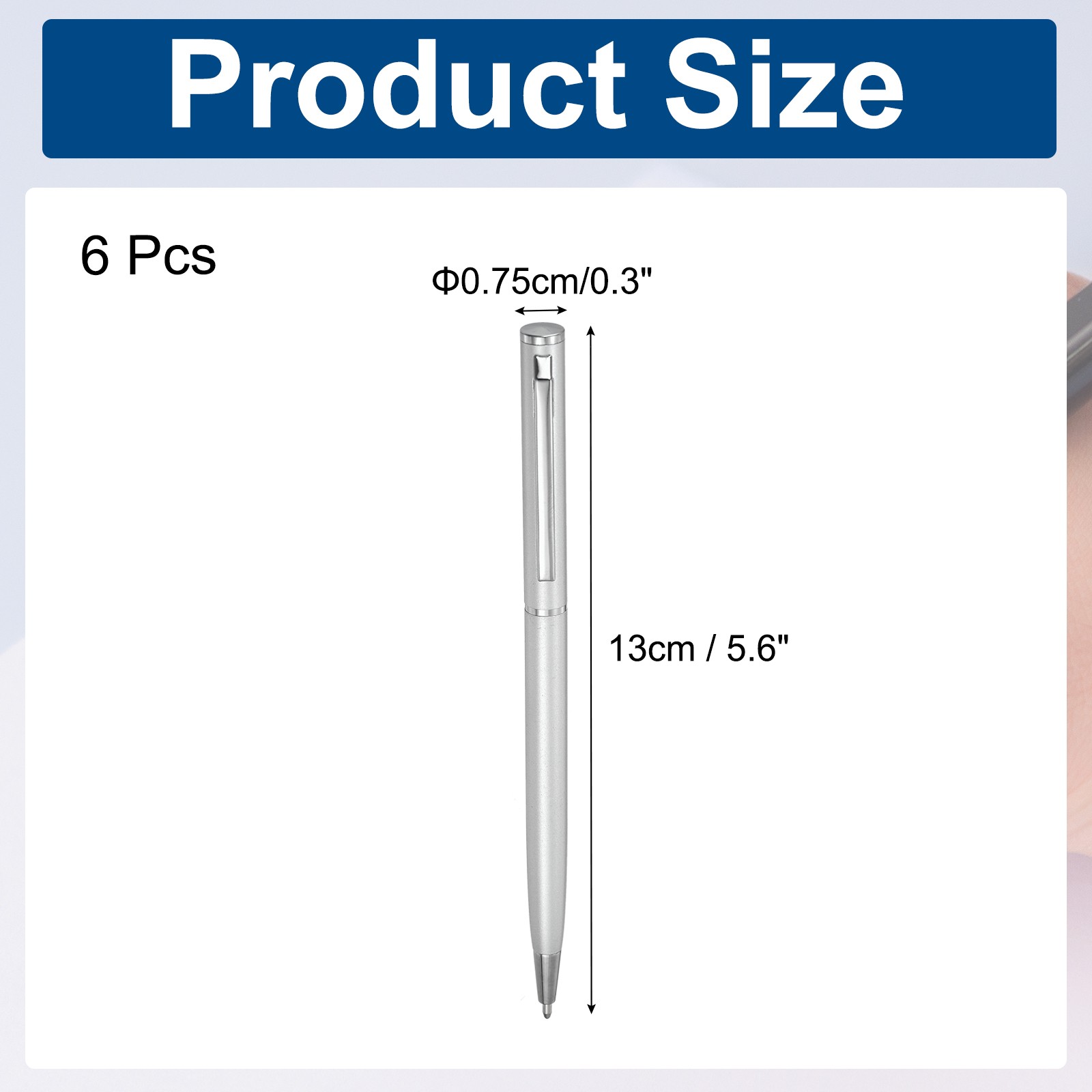 6 x Slim Metallic Ballpoint Pen Black Ink 1mm Medium Point Pen Silver