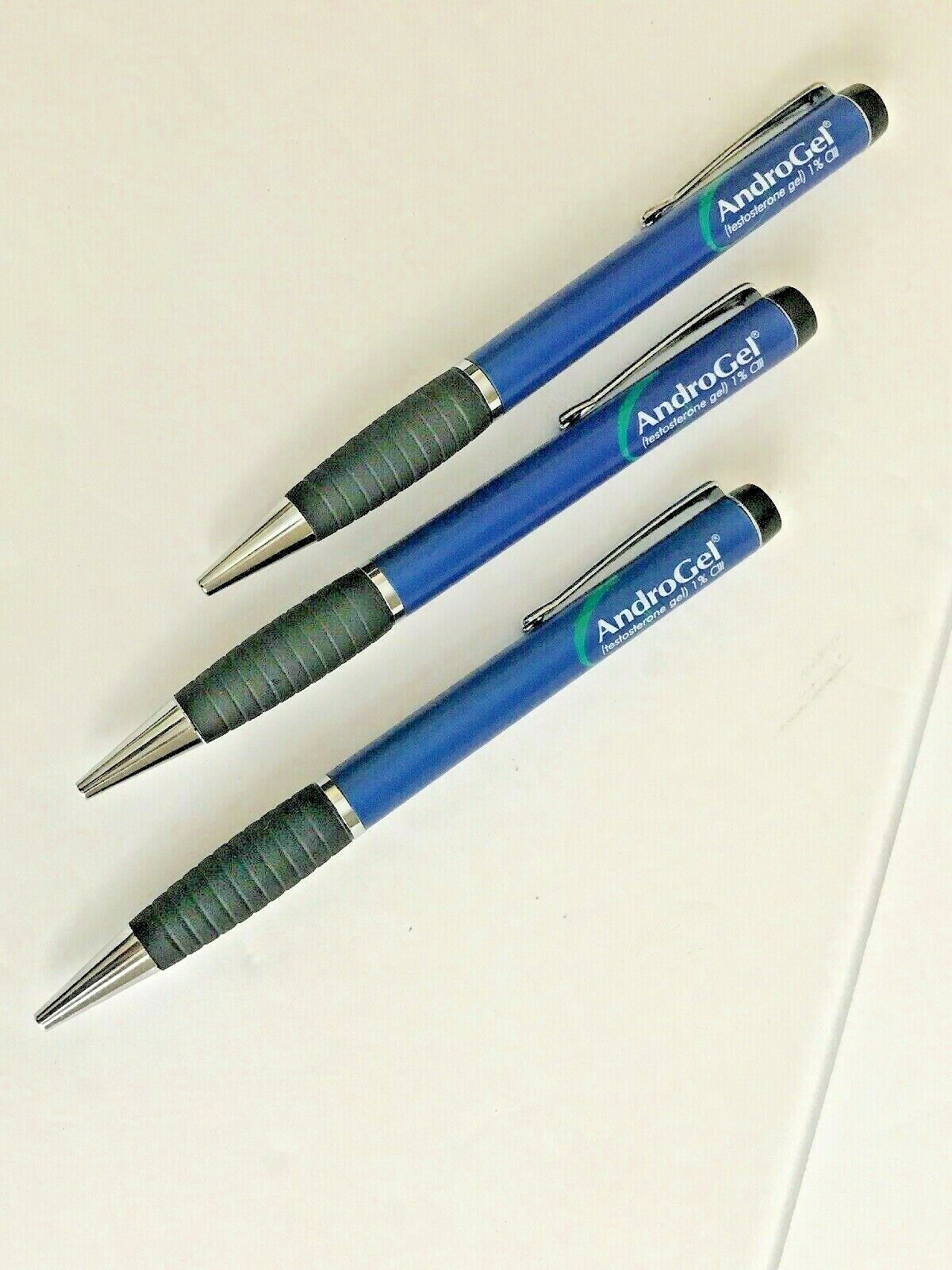 Three Metal Pharmaceutical Drug Rep Pen Pens Blue Black Twist and Write