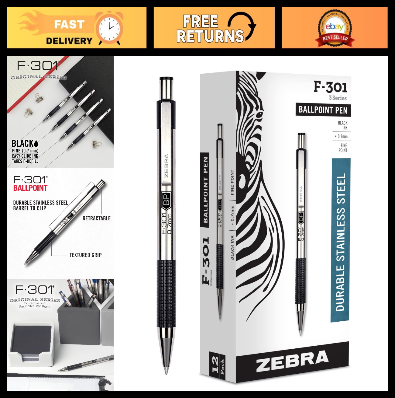 Fine Point Ballpoint Pens 0.7mm Black Ink, Stainless Steel, Non-Slip Grip, 12-Pa