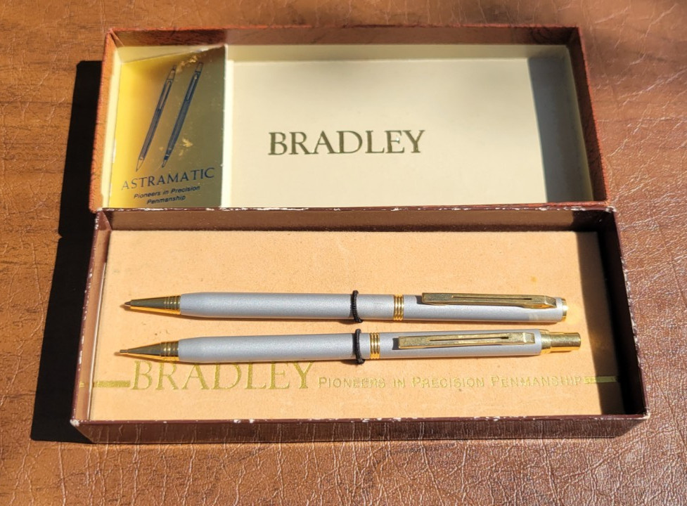 Vintage Bradley Astramatic Silver Color Ink Pen Set w/ Box and Warranty Card
